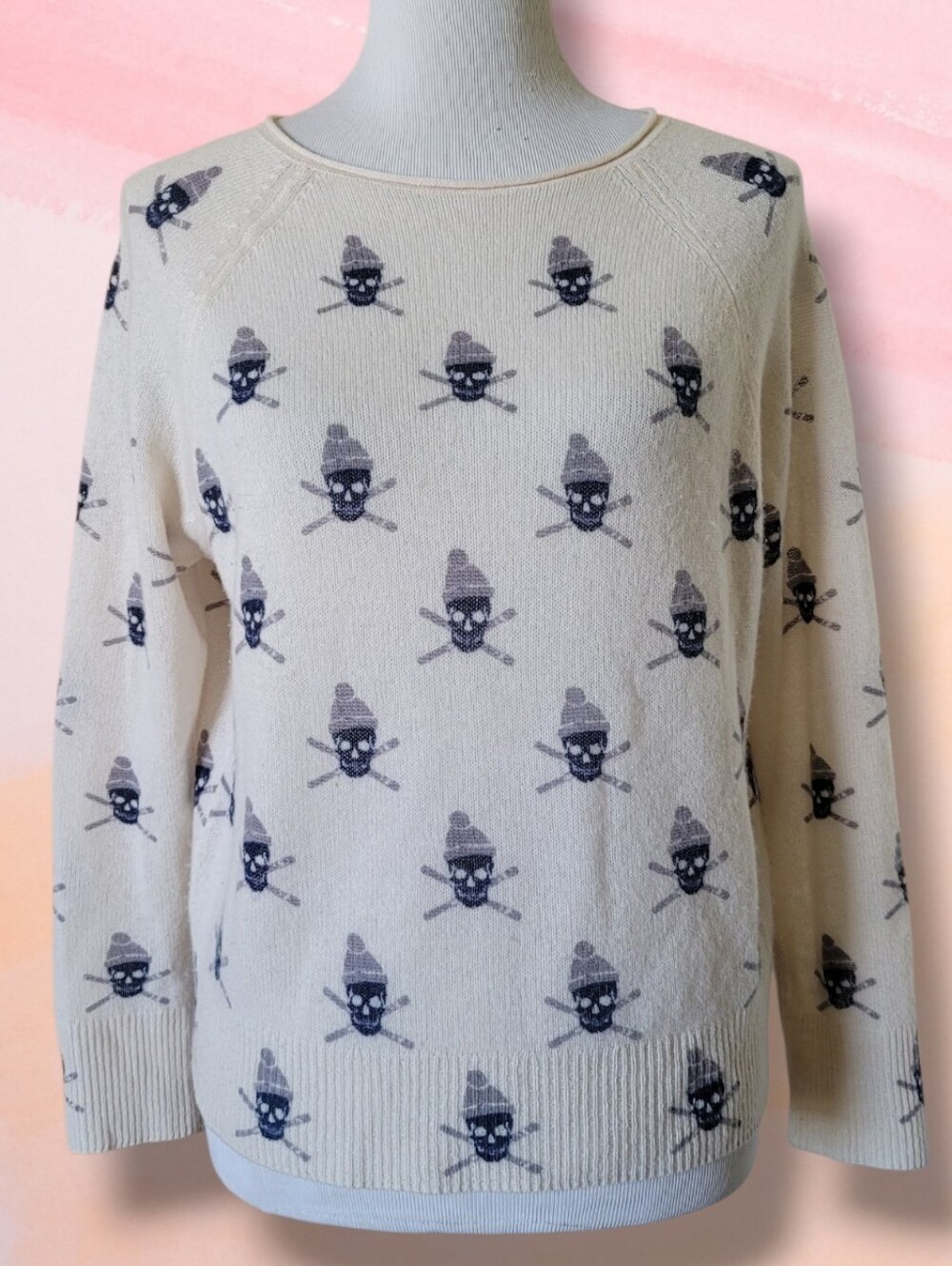 Skull Cashmere Ski Skull Crossbones Theme Pullover Crewneck Sweater XS